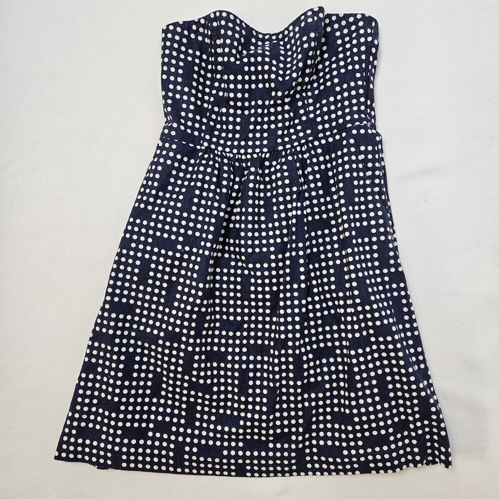 Gap Strapless Linen Blend Navy White Polka Dot Fit Flare Dress Size 6